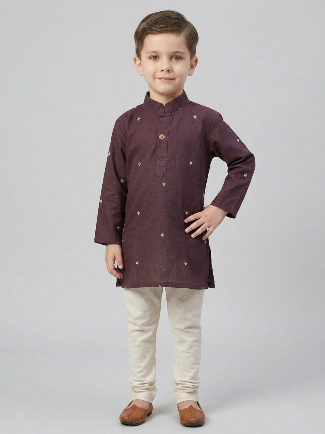 Biglilpeople Boys Maroon Embroidered Mandarin Collar Cotton Kurta Set