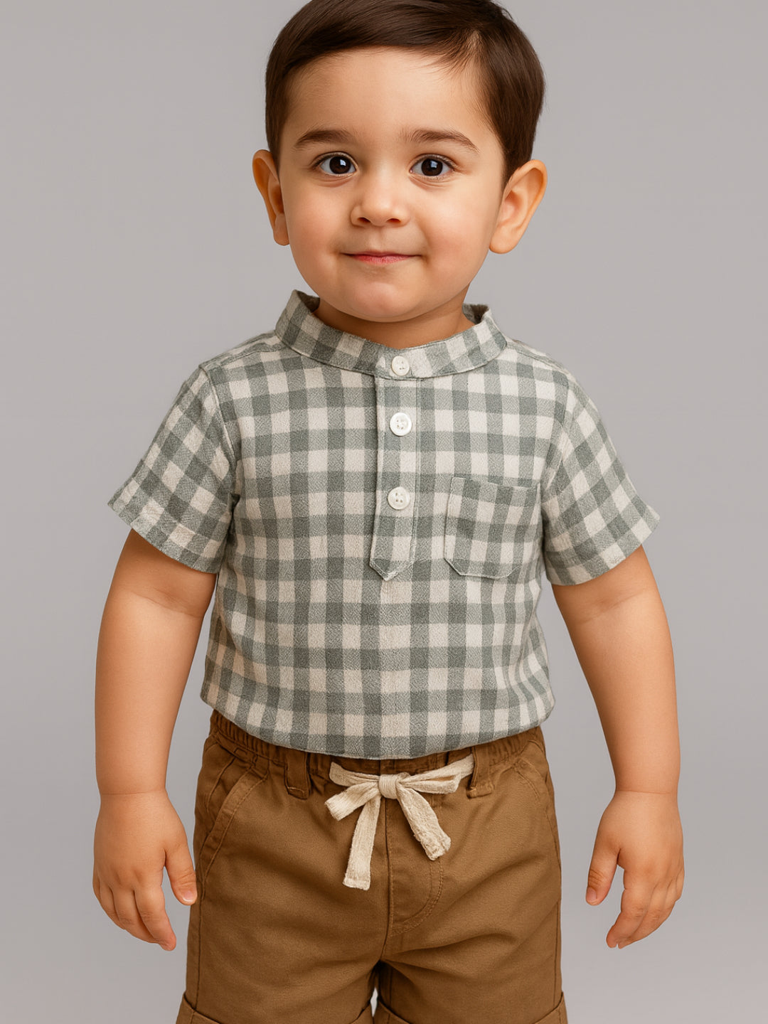 Camisas y pantalones cortos a cuadros con cuello mao para bebés niños