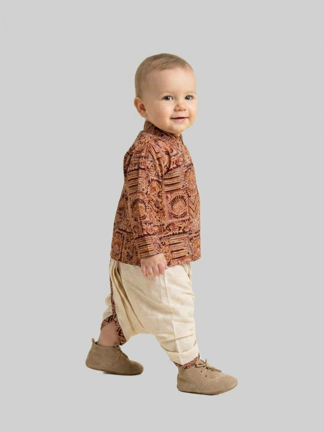 Biglilpeople Boys Rust Brown Ethnic Printed Cotton Angrakha Style Dhoti Set