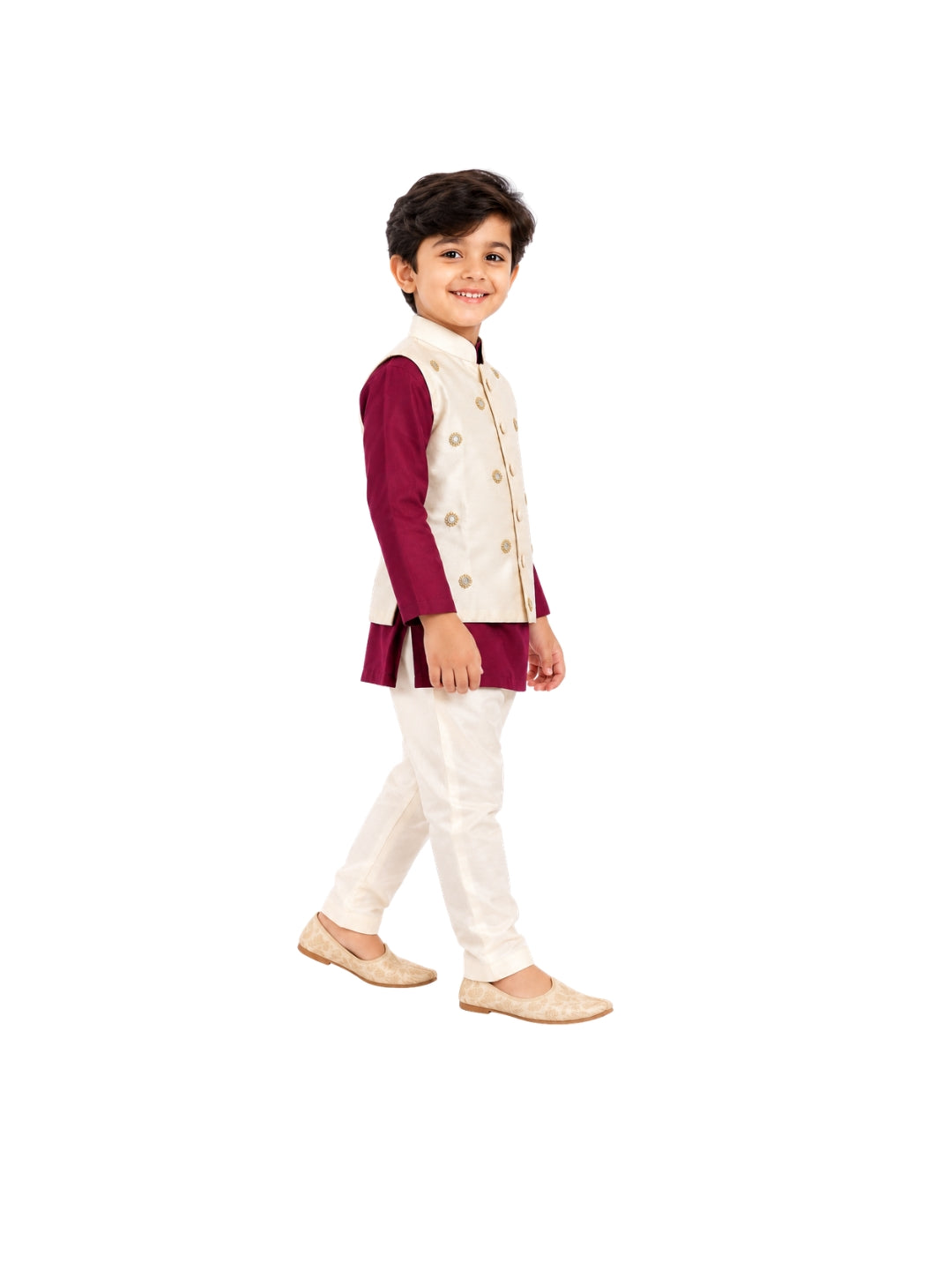 Biglilpeople Boys Wine Kurta and Pant Set with Off-White Cotton Silk Nehru Jacket