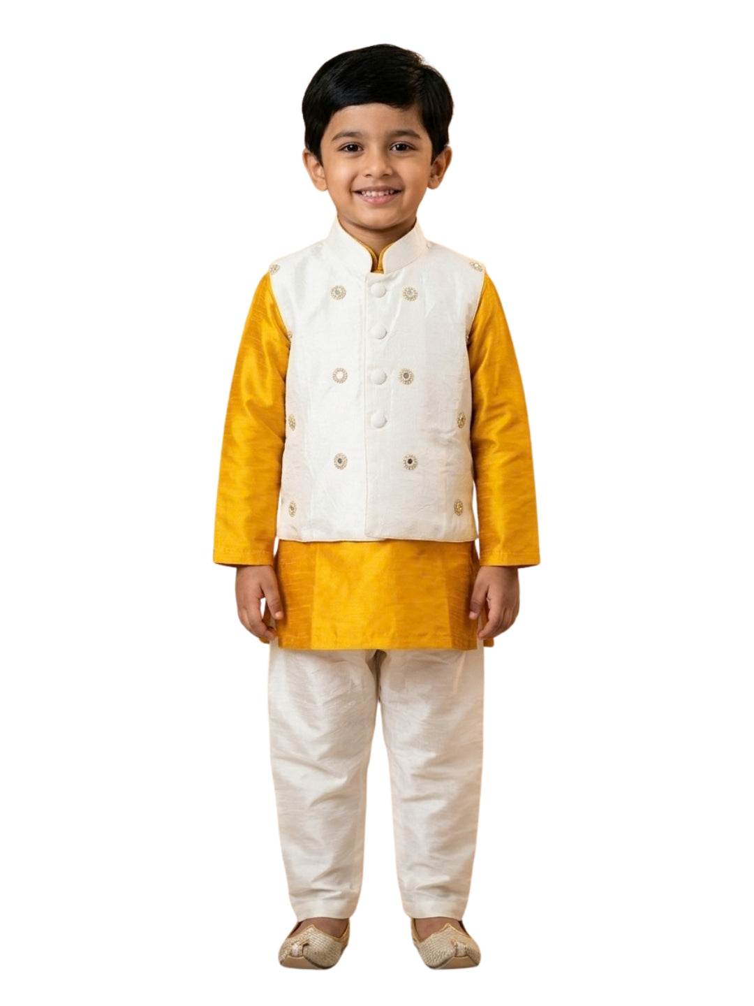 Biglilpeople Boys Mustard Kurta and Pant Set with Off-White Cotton Silk Nehru Jacket