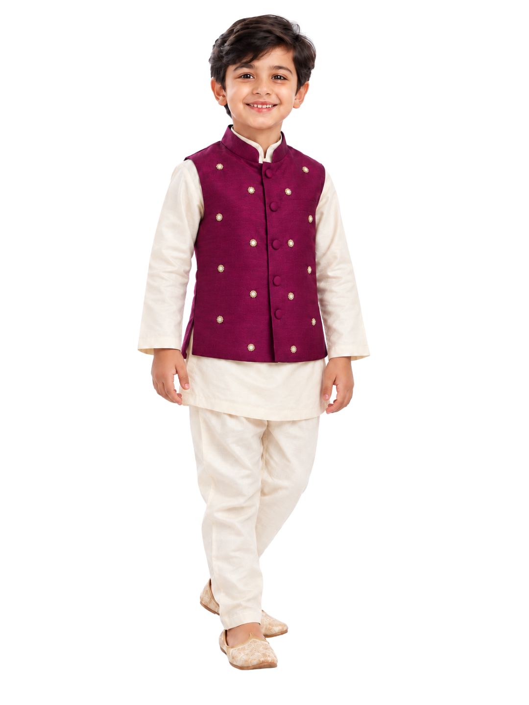 Biglilpeople Boys Off White Kurta and Pant Set with Wine Cotton Silk Nehru Jacket