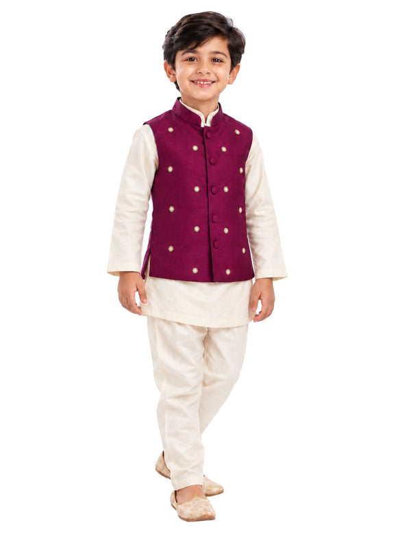 Biglilpeople Boys Off White Kurta and Pant Set with Wine Cotton Silk Nehru Jacket