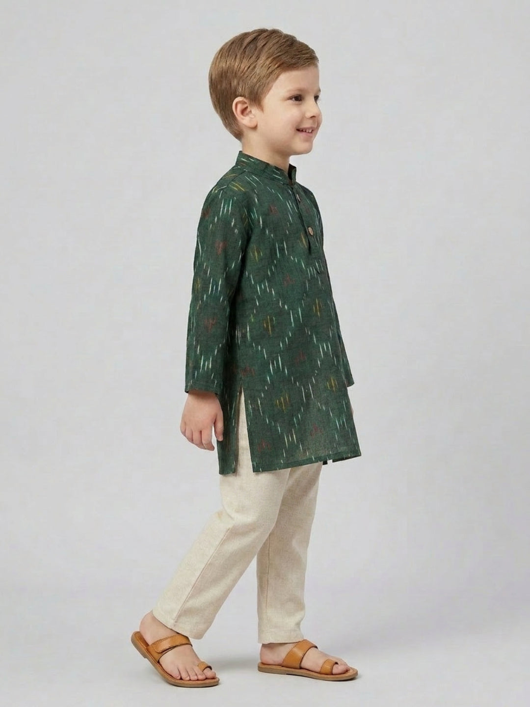 Biglilpeople Boys Dark Green Ikat Printed Mandarin Collar Cotton Kurta Set