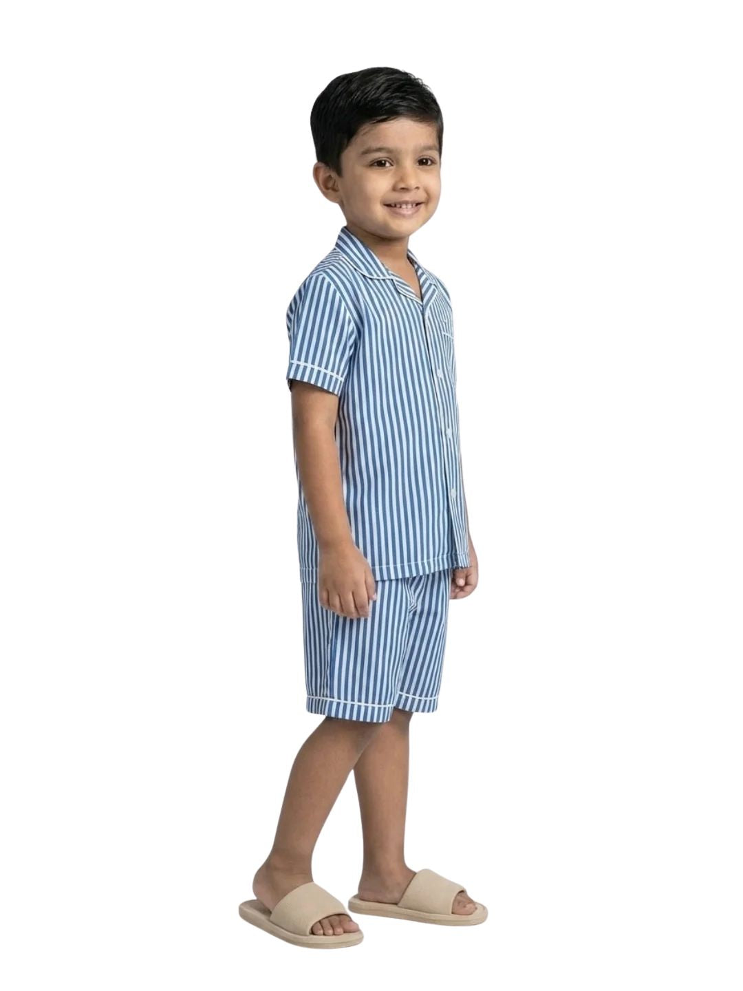 Biglilpeople Kids Unisex Dark Blue Stripe Cotton Short Sleeve Shirt & Shorts Nightsuit