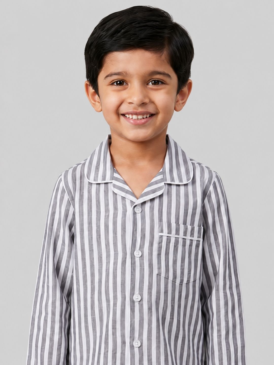 Biglilpeople Kids Unisex Grey Striped Full Short Sleeve Shirt & Pajama Nightsuit