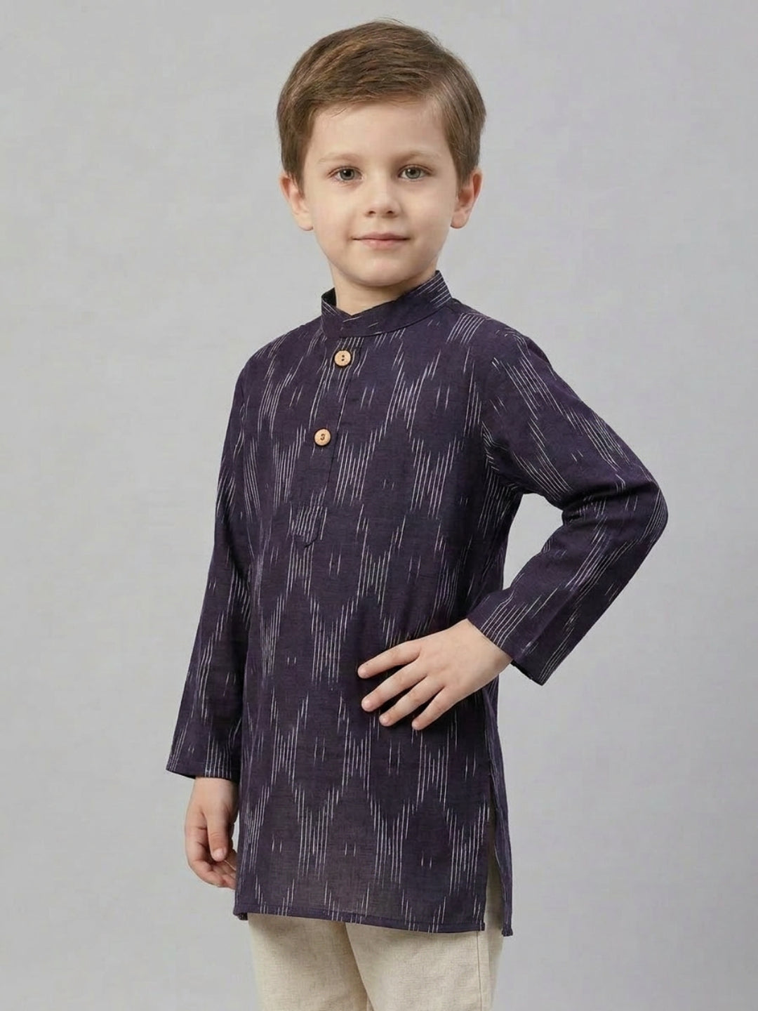 Biglilpeople Boys Navy Blue Printed Mandarin Collar Cotton Kurta Set
