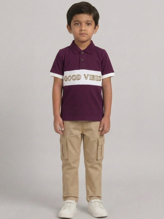 Boys Pure Cotton Purple & Off White Color Pique Polo T Shirt with Good Vibes design Print