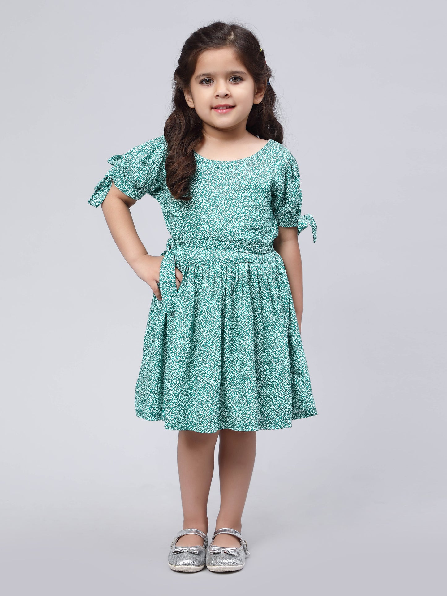 Green & White Printed Dress for Girls