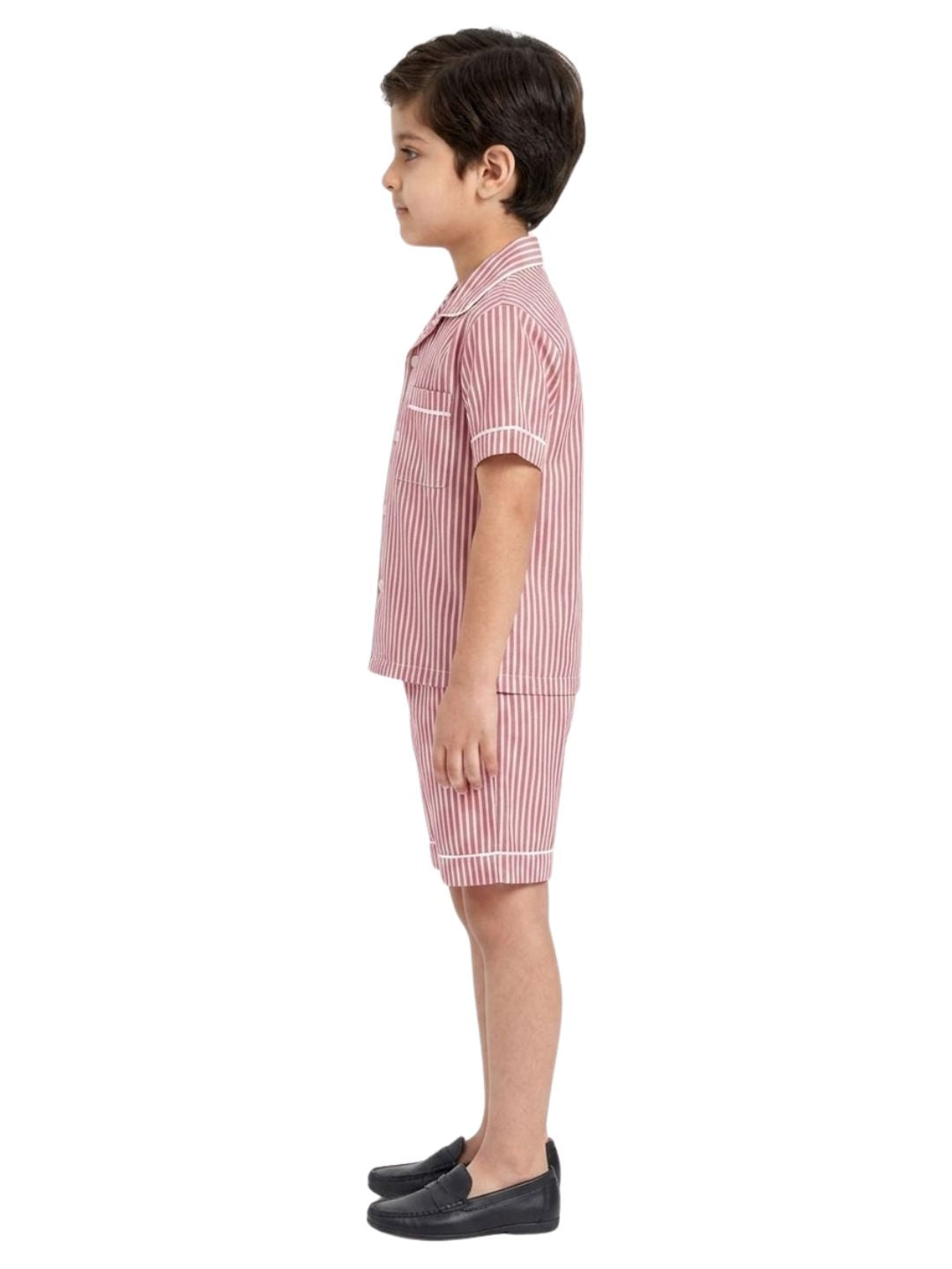 Biglilpeople Kids Unisex Micro-Red Stripe Cotton Short Sleeve Shirt & Shorts Nightsuit