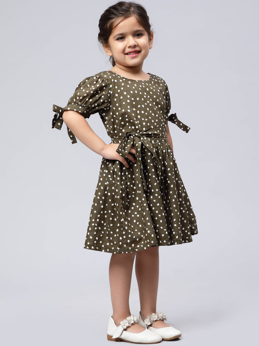 Olive Polka Dotted Dress for Girls