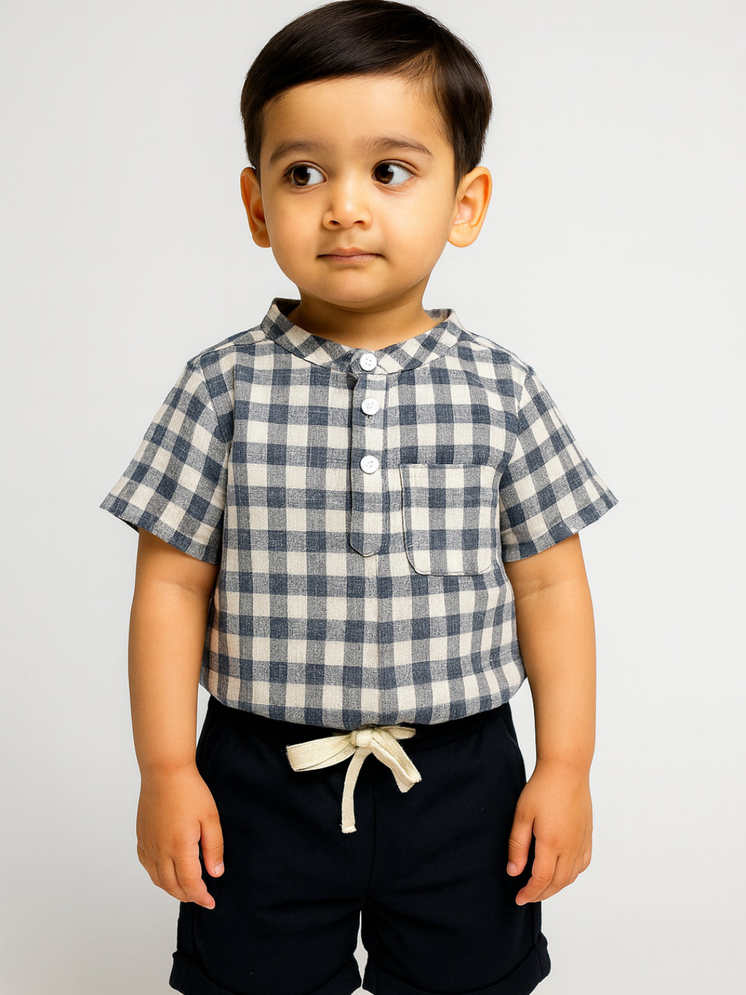 Infants Boys Mandarin Collar Checks Shirts and Shorts