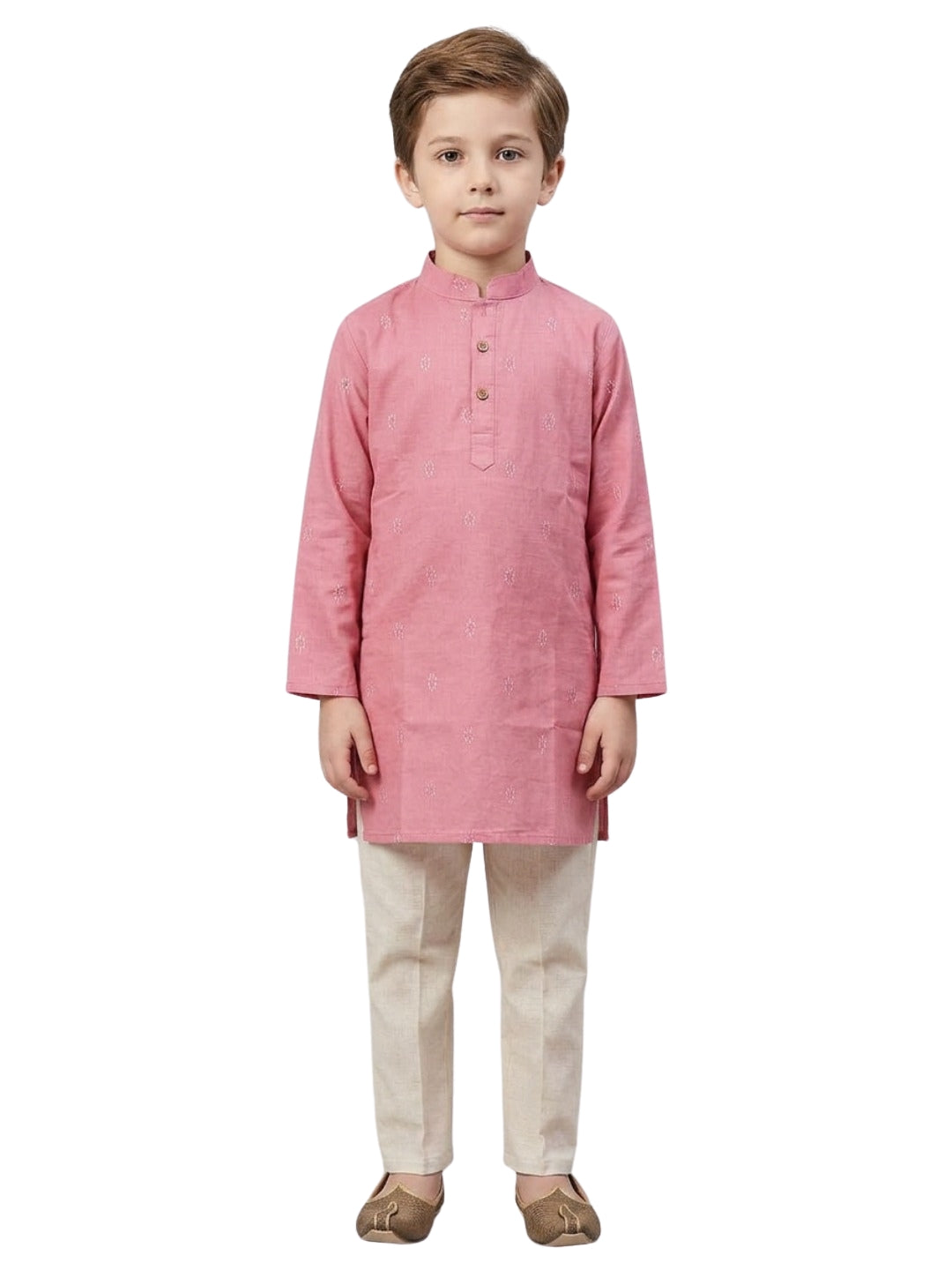 Biglilpeople Boys Pink Cotton Kurta Set with Buta Motif