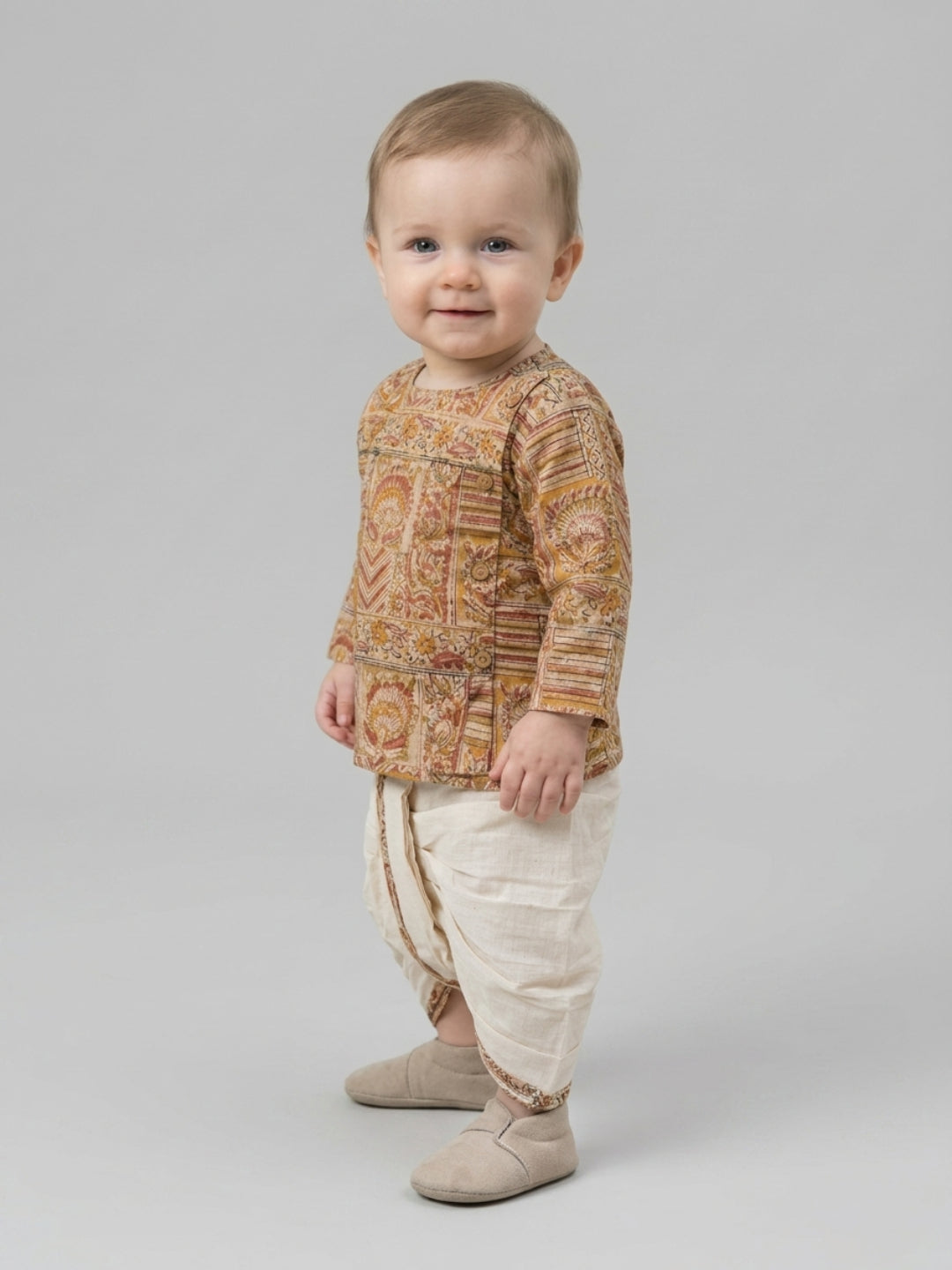 Biglilpeople Boys Beige Ethnic Printed Printed Cotton Angrakha Style Dhoti Set
