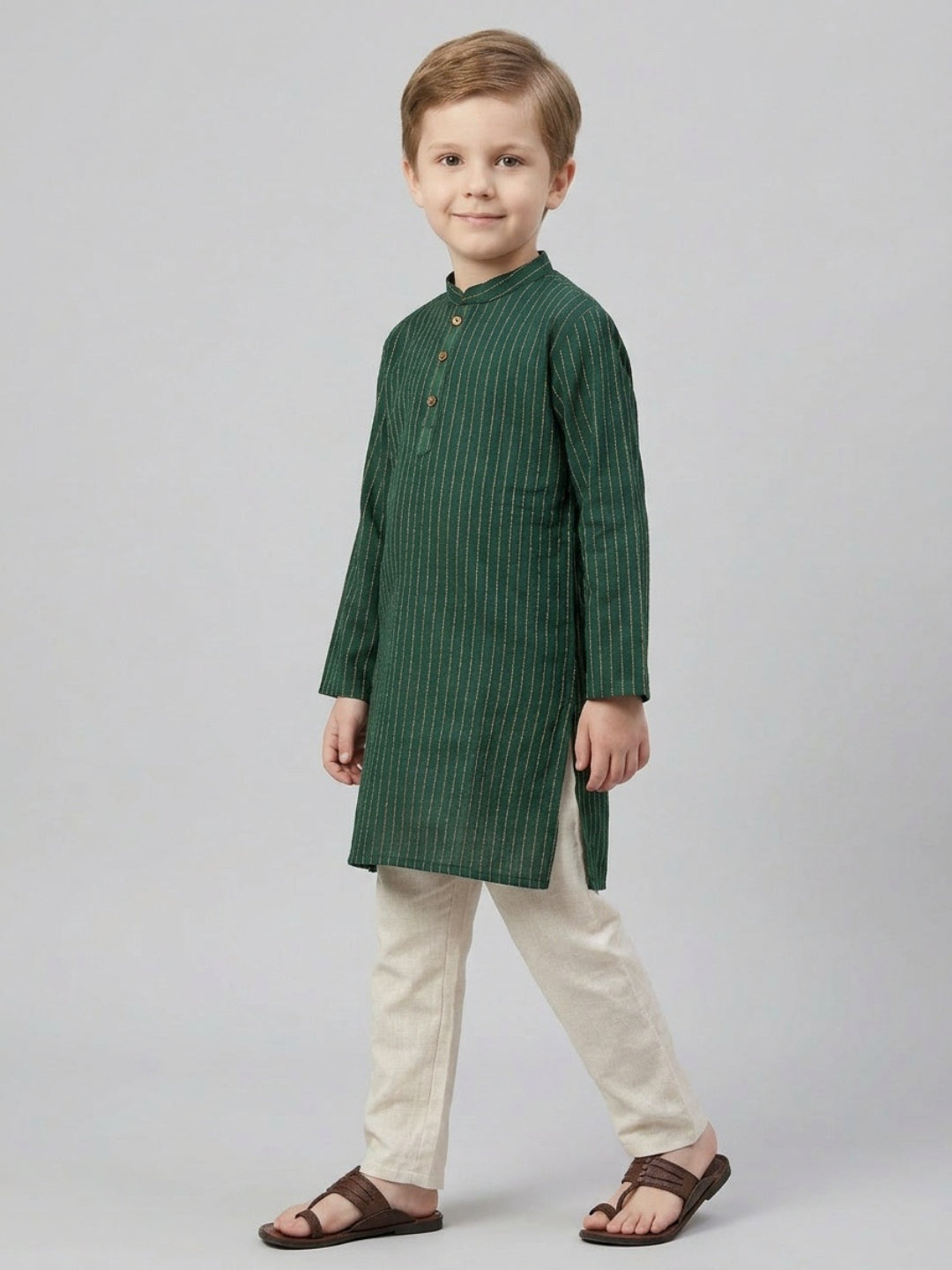 Biglilpeople Boys Teal Green Striped Mandarin Collar Cotton Kurta Set