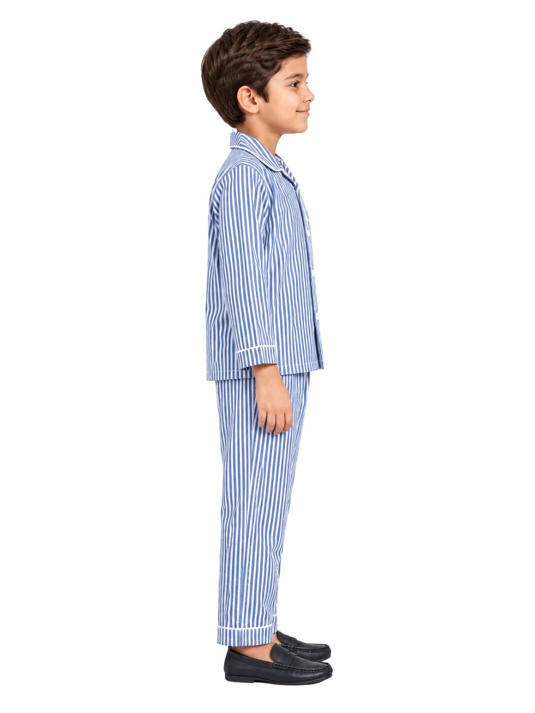 Biglilpeople Kids Unisex Blue Striped Cotton Full Sleeve Shirt & Pajama Nightsuit