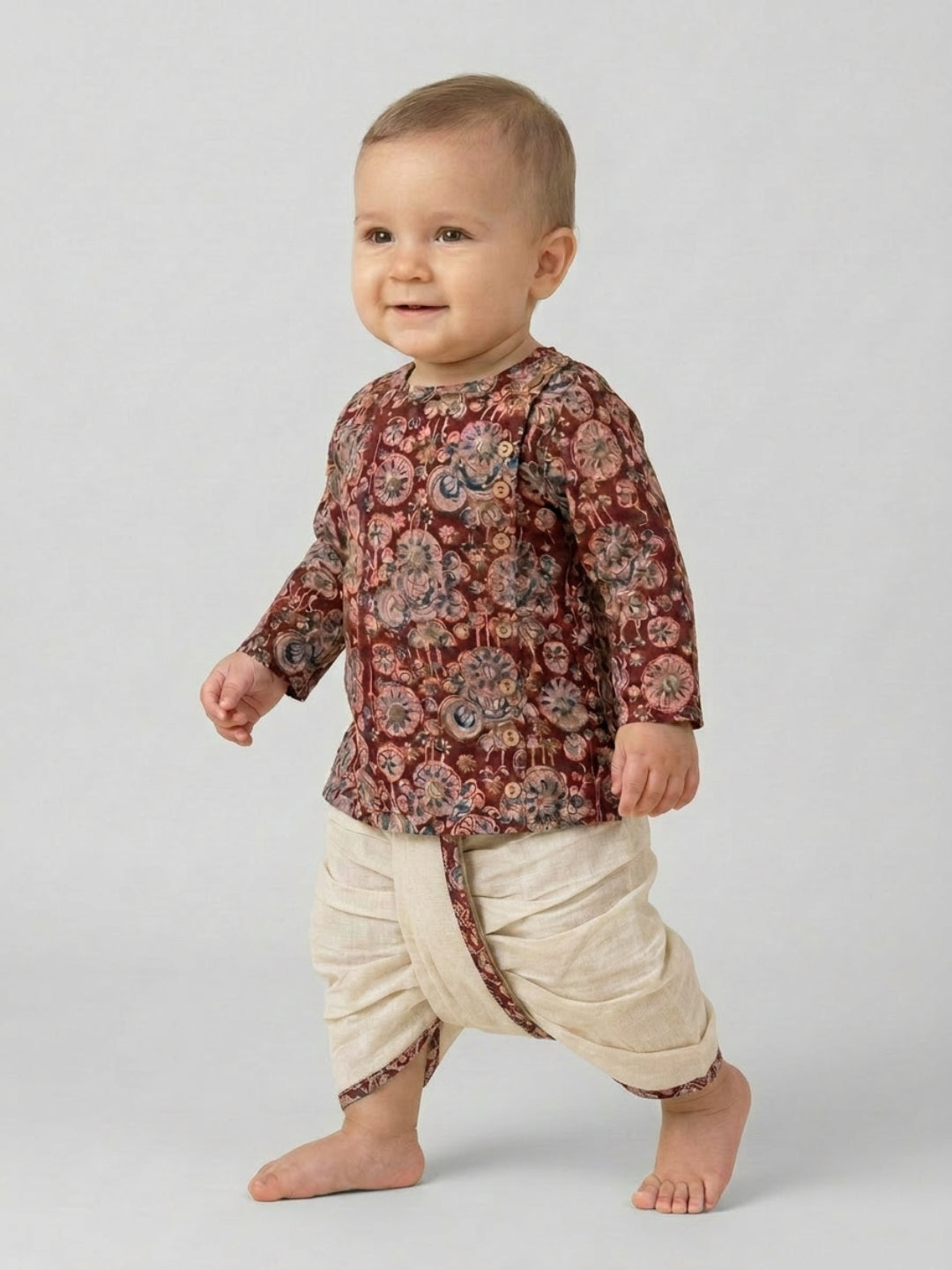Biglilpeople Boys Maroon Floral Printed Cotton Angrakha Style Dhoti Set