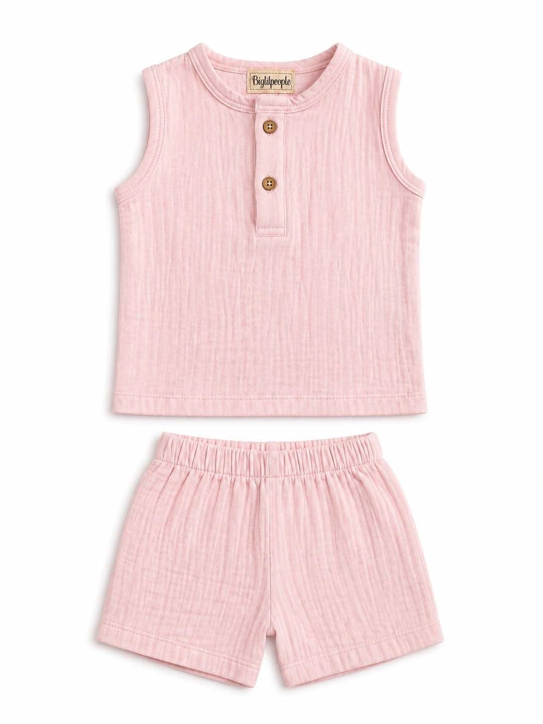 Biglilpeople Infant Muslin Co-ord Set Shirt & Shorts Blue, Olive and Pink - Pack of 3