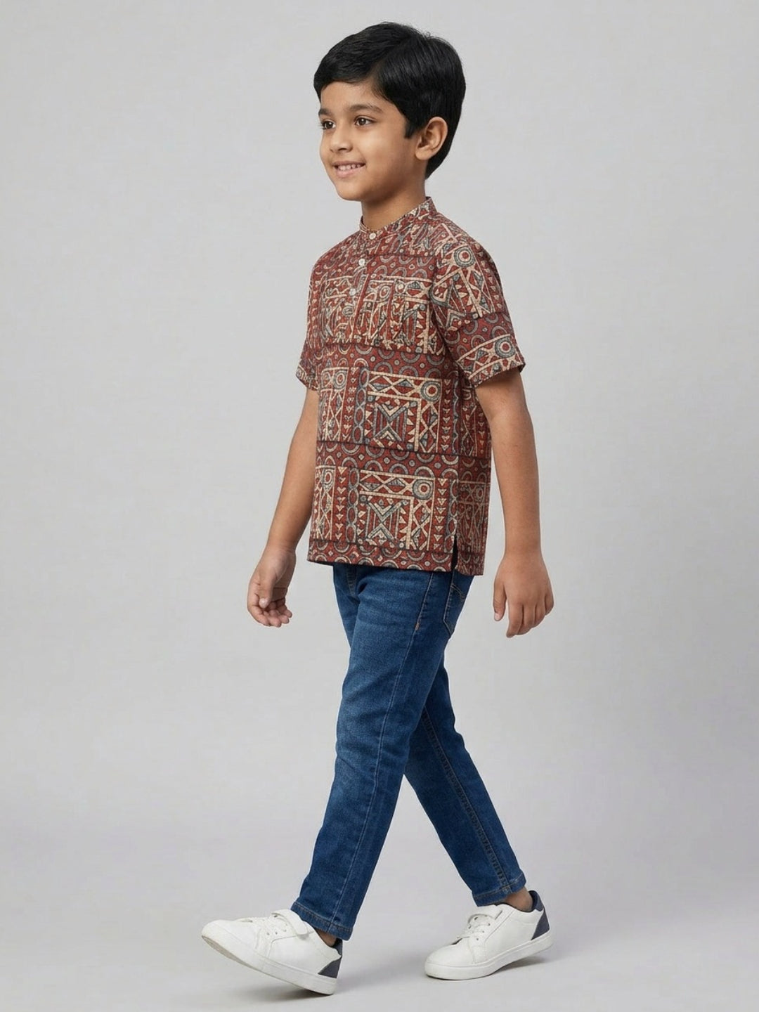 Biglilpeople Boys Ethnic Print Mandarin Collar Short Sleeves Shirt