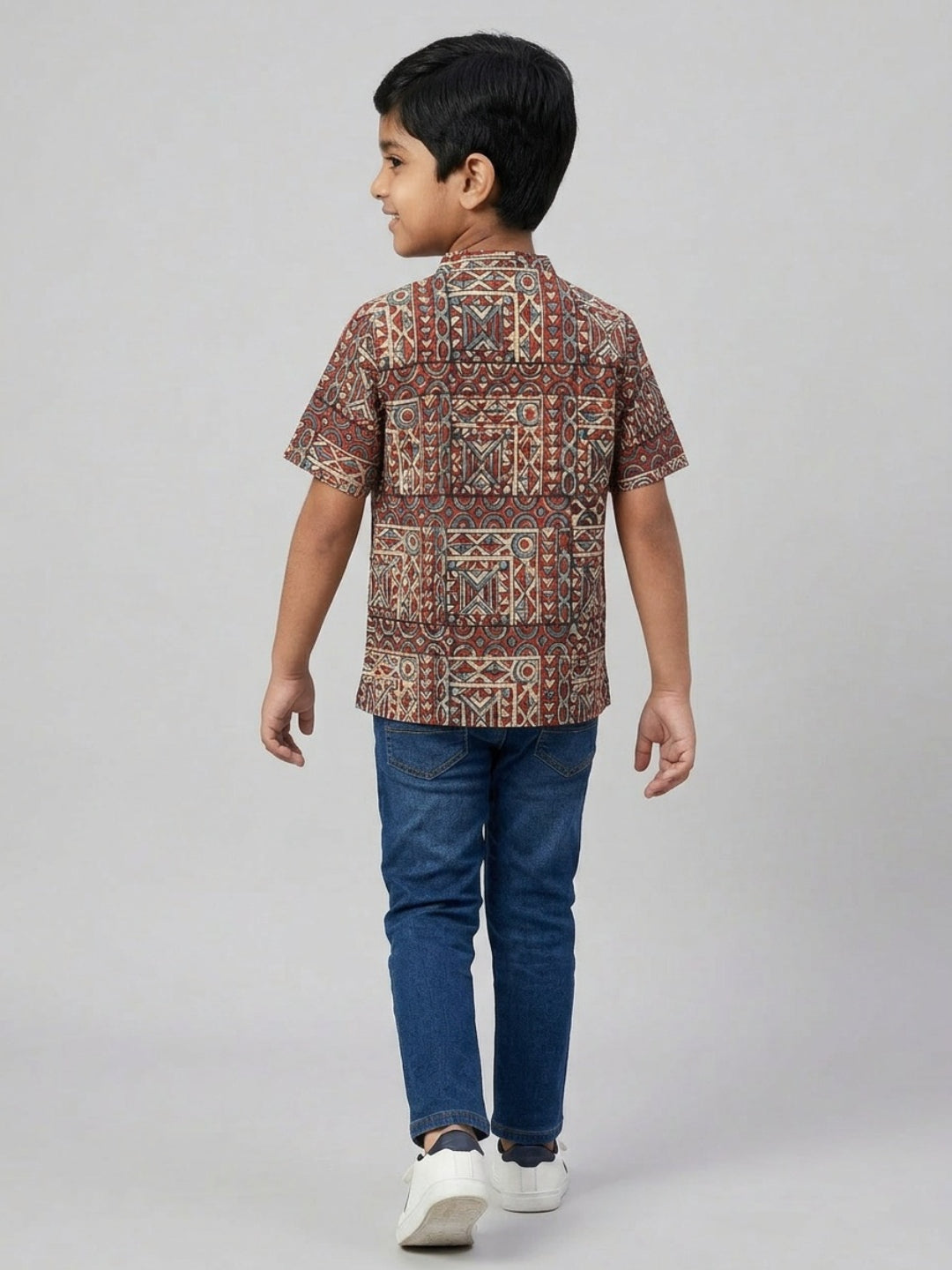 Biglilpeople Boys Ethnic Print Mandarin Collar Short Sleeves Shirt