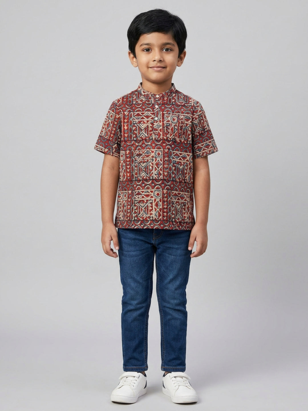 Biglilpeople Boys Ethnic Print Mandarin Collar Short Sleeves Shirt