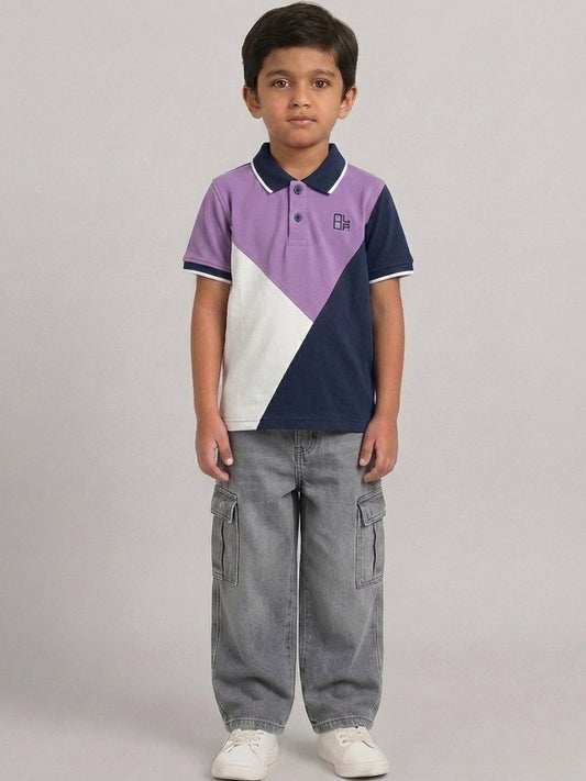 Boys Pure Cotton Tricolors Pique Polo T Shirt (Lavender, Navy & Off White)
