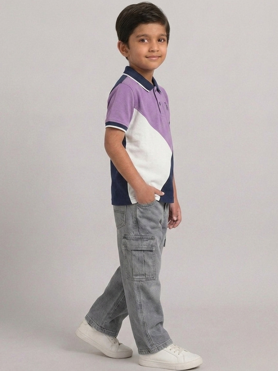 Boys Pure Cotton Tricolors Pique Polo T Shirt (Lavender, Navy & Off White)