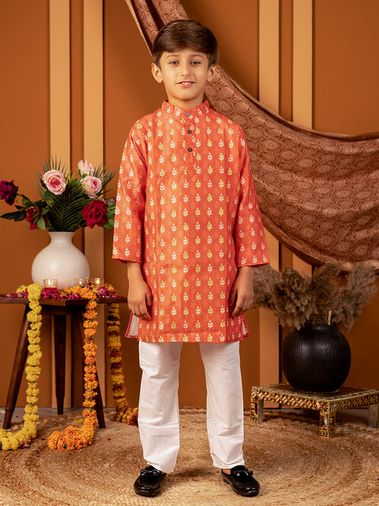 Boys Kurta Pyjama Set in Chanderi Cotton Silk- Orange