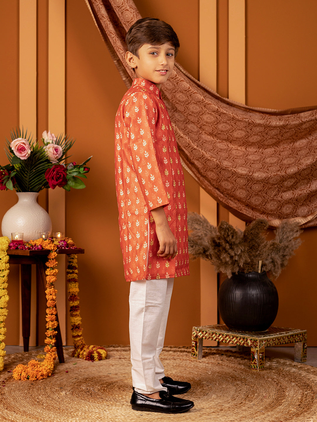 Boys Kurta Pyjama Set in Chanderi Cotton Silk- Orange