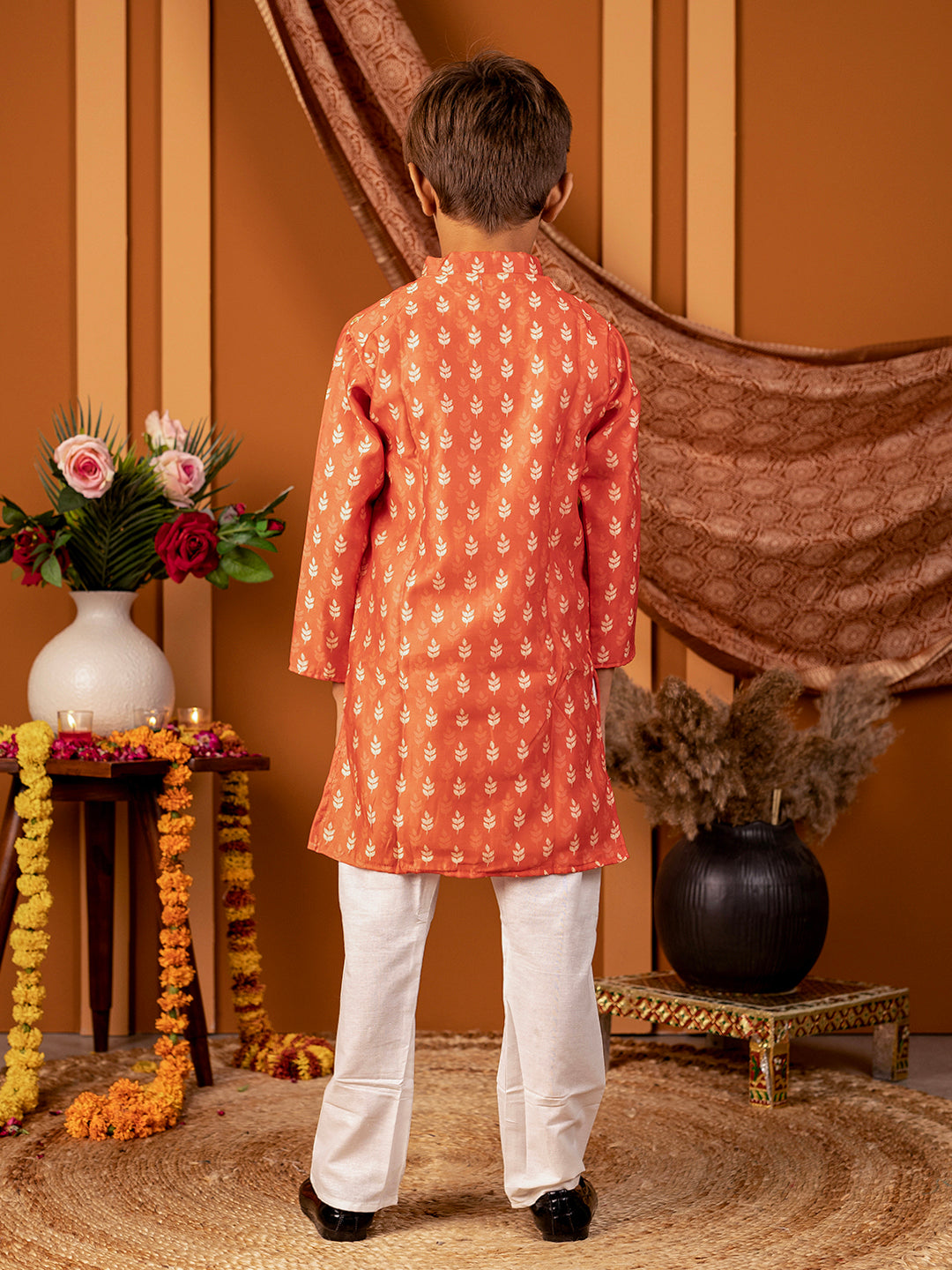 Boys Kurta Pyjama Set in Chanderi Cotton Silk- Orange