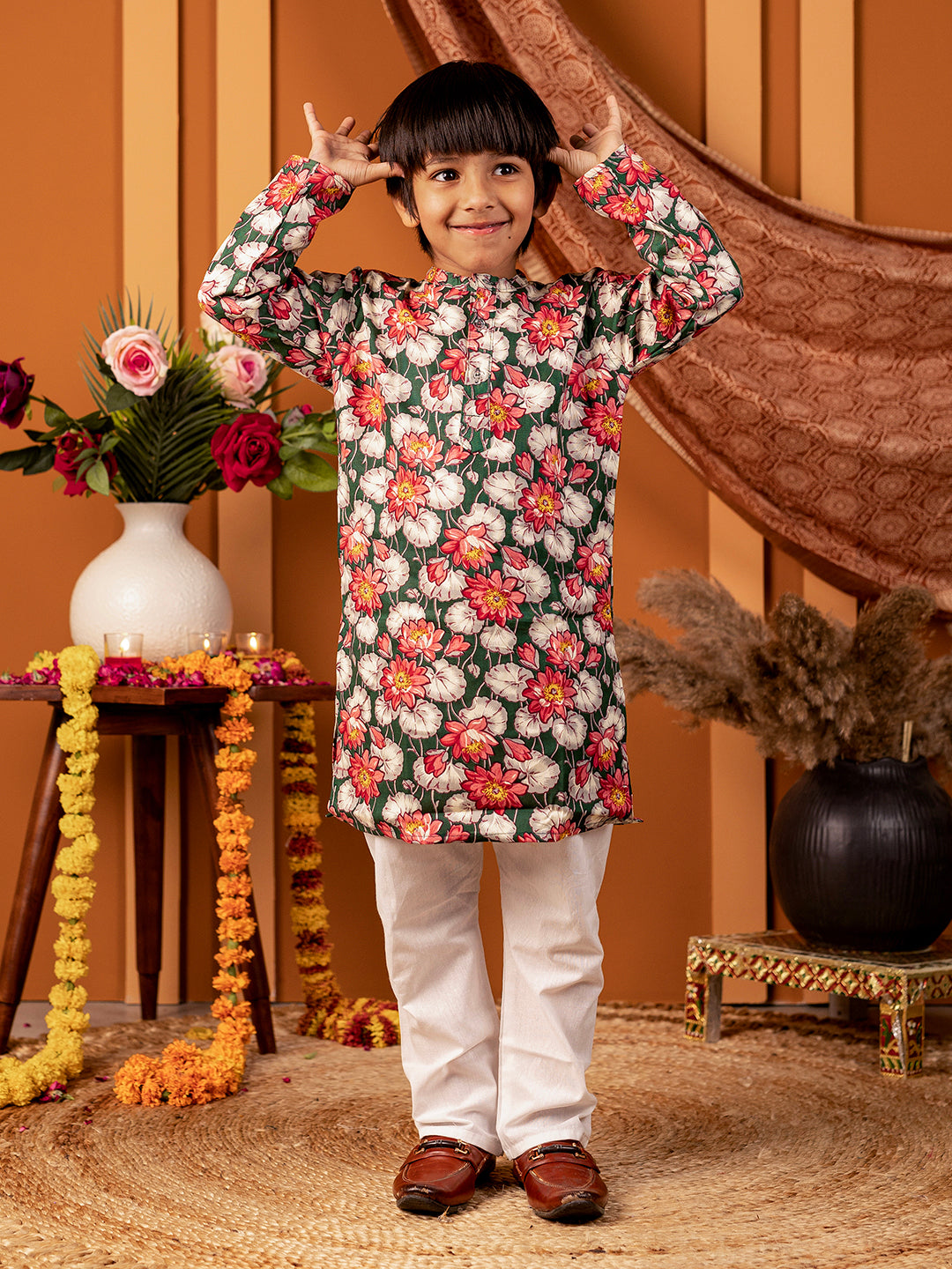 Boys Floral Kurta Pyjama Set in Mulmul Cotton