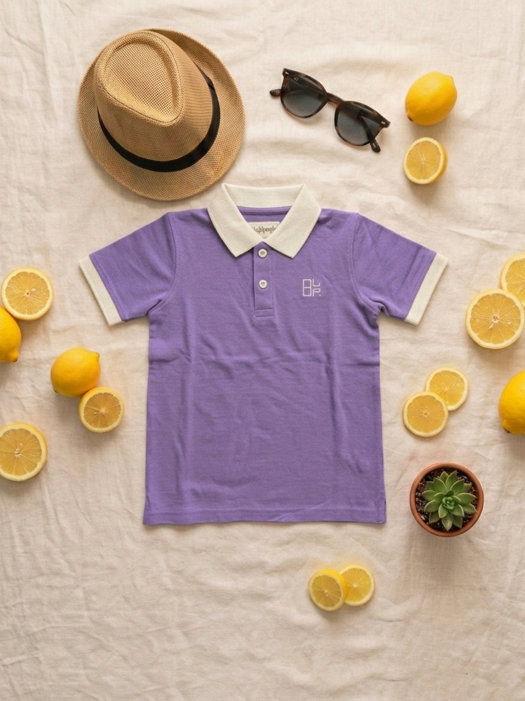Boys Pure Cotton Lavender Color Pique Polo T Shirt with Off White Collar