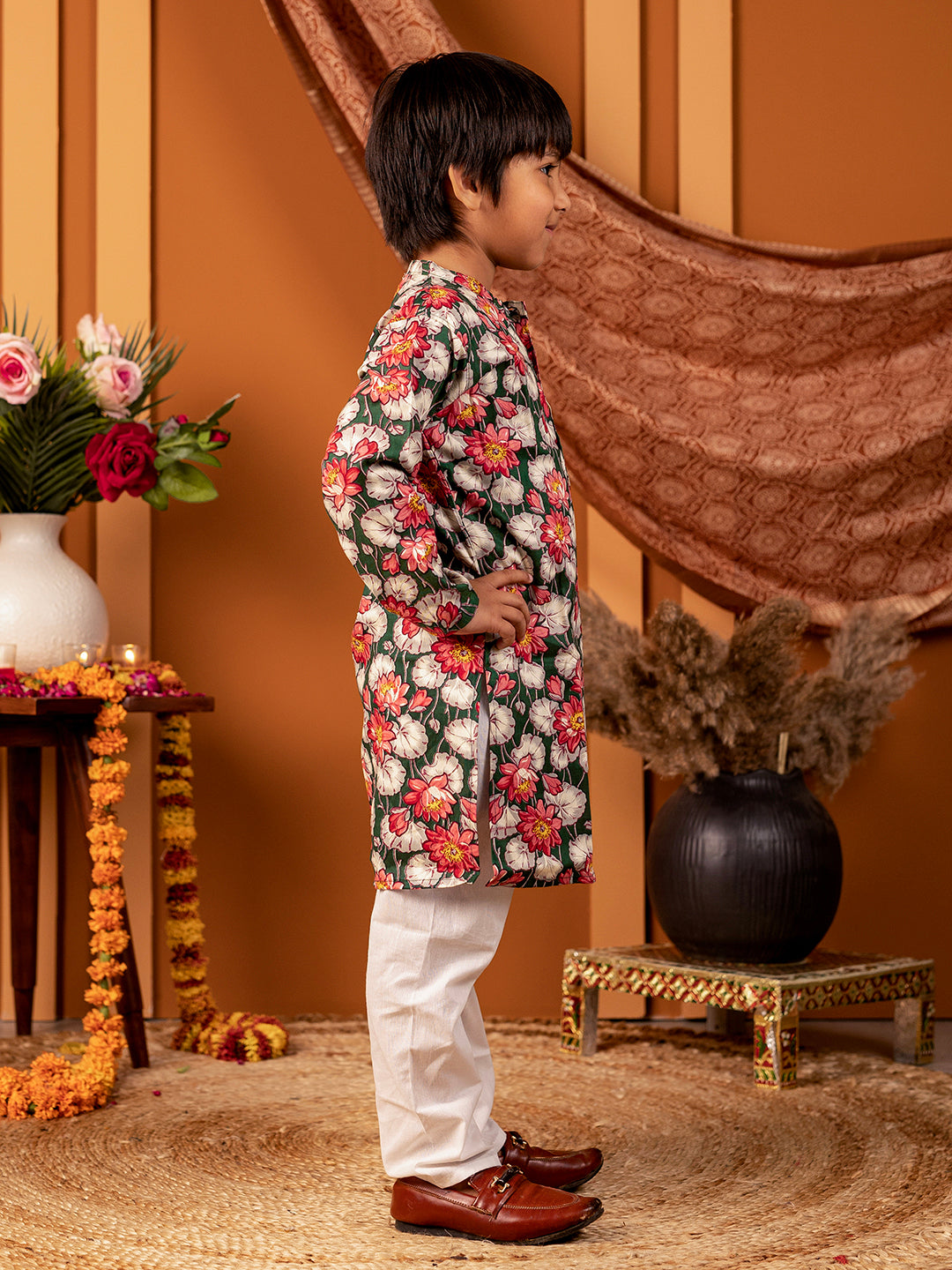 Boys Floral Kurta Pyjama Set in Mulmul Cotton