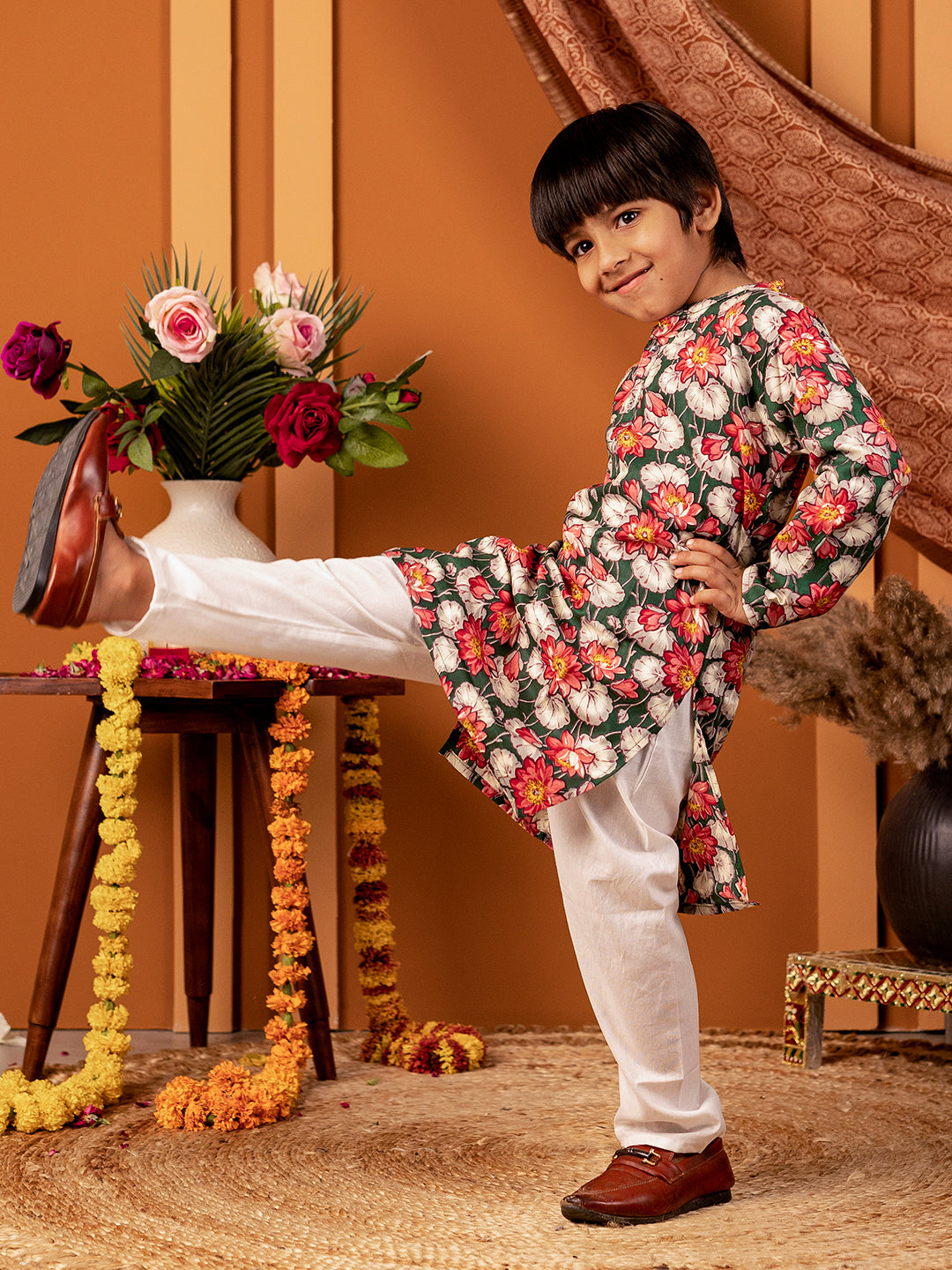 Boys Floral Kurta Pyjama Set in Mulmul Cotton