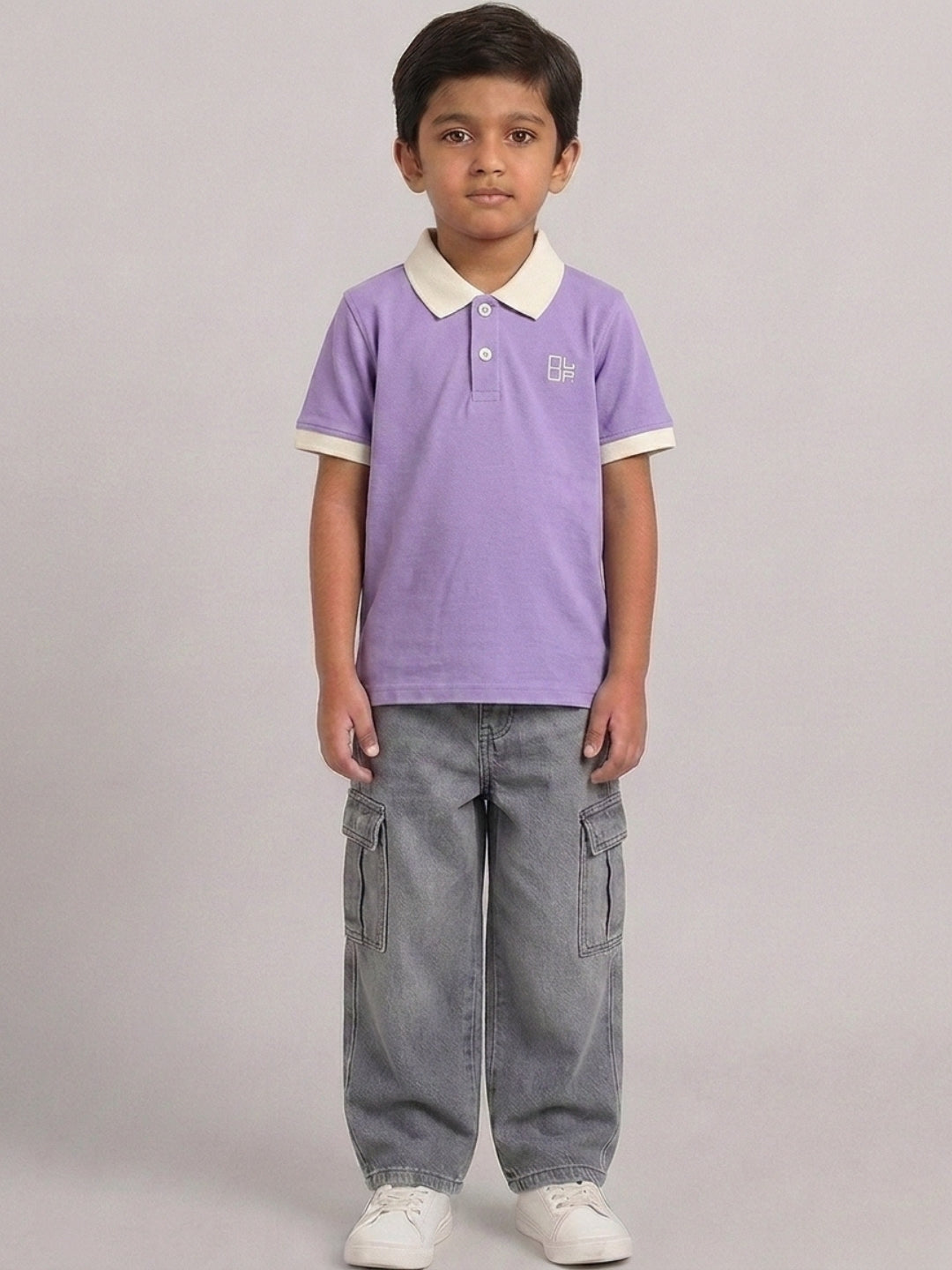 Boys Pure Cotton Lavender Color Pique Polo T Shirt with Off White Collar