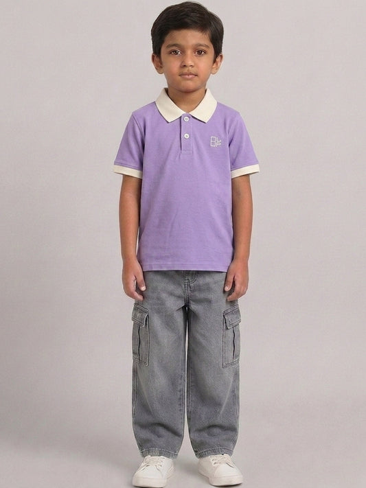 Boys Pure Cotton Lavender Color Pique Polo T Shirt with Off White Collar