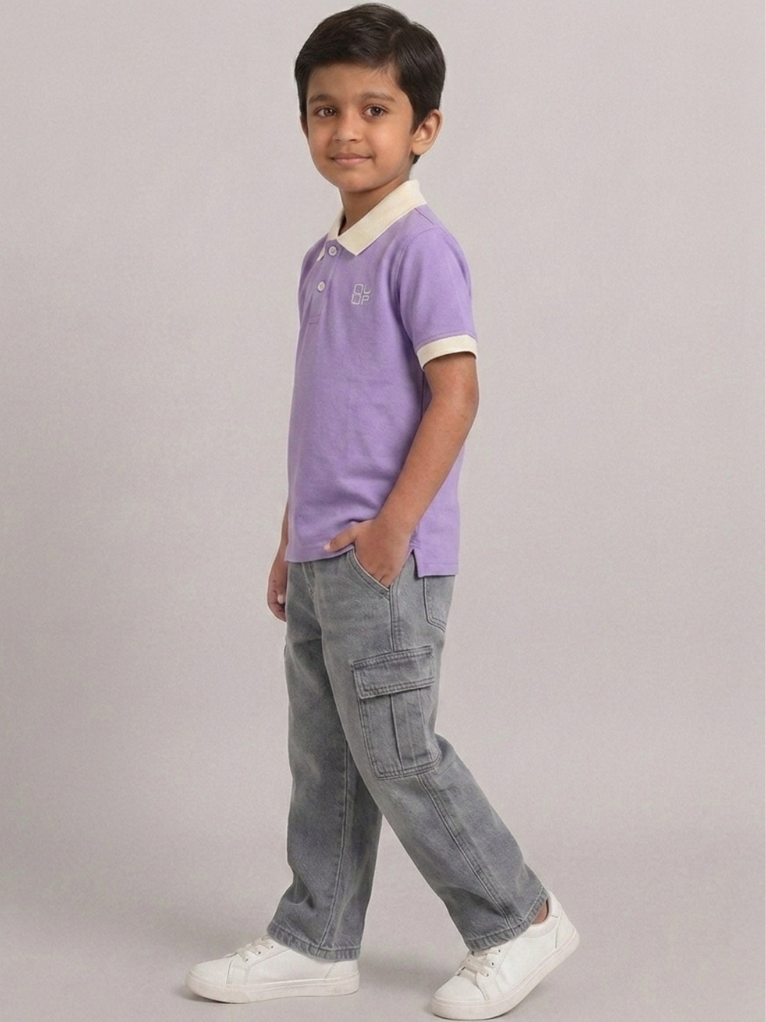 Boys Pure Cotton Lavender Color Pique Polo T Shirt with Off White Collar