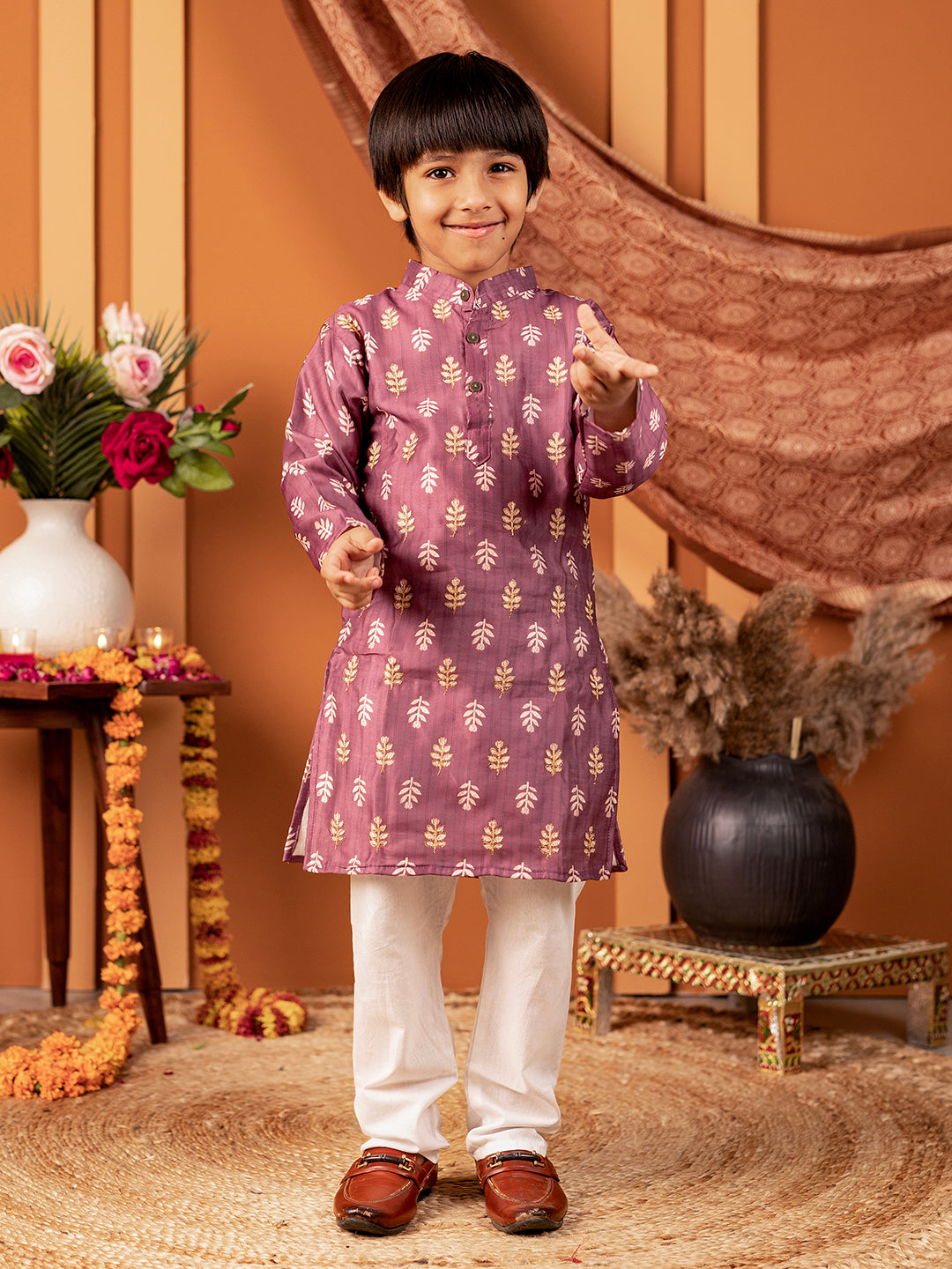 Boys Kurta Pyjama Set in Chanderi Cotton Silk- Purple