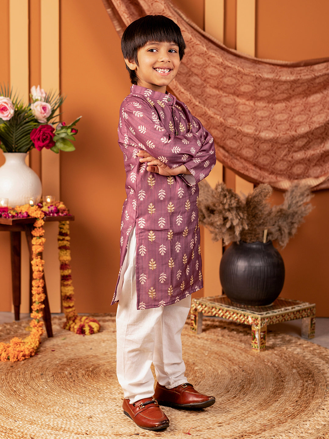 Boys Kurta Pyjama Set in Chanderi Cotton Silk- Purple