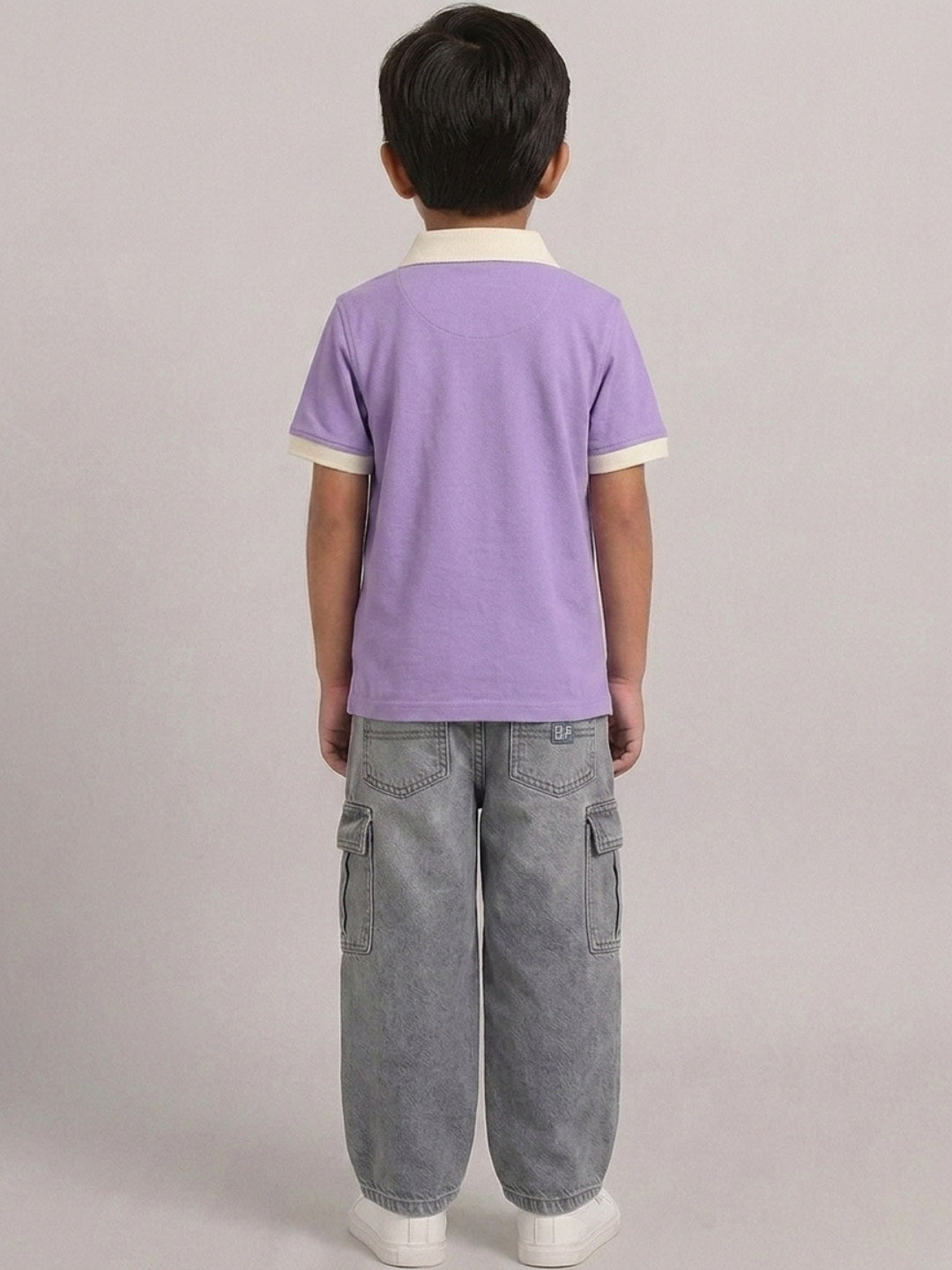 Boys Pure Cotton Lavender Color Pique Polo T Shirt with Off White Collar