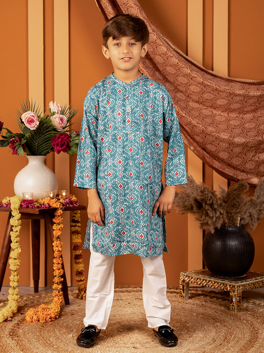 Boys Kurta Pyjama Set in Mulmul Cotton- Blue