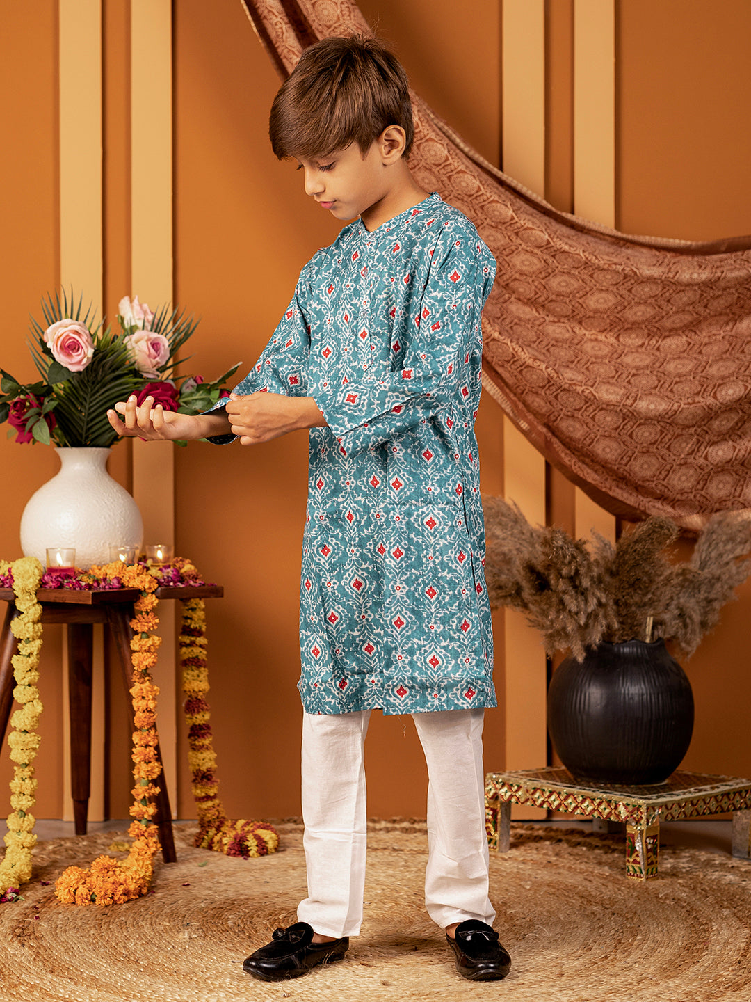 Conjunto de kurta y pijama para niño en algodón mulmul - Azul