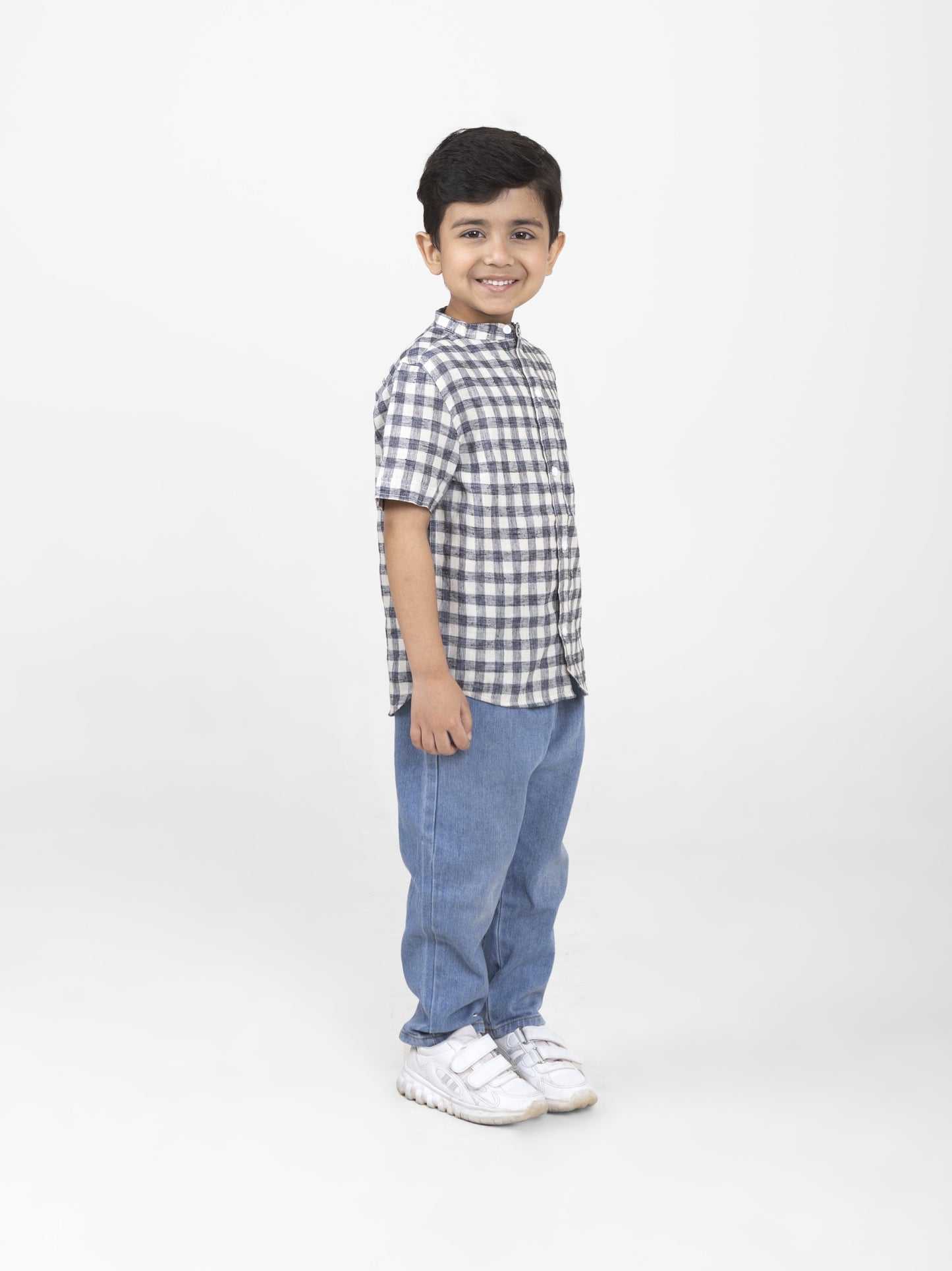 Boys Cotton Half Sleeves Mandarin Collar Shirts (Navy Blue)
