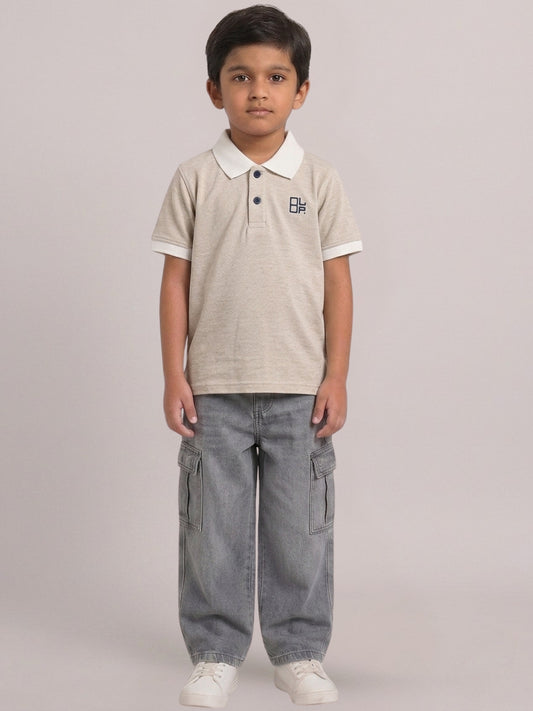 Boys Pure Cotton Peach Color Pique Polo T Shirt with Off White Collar