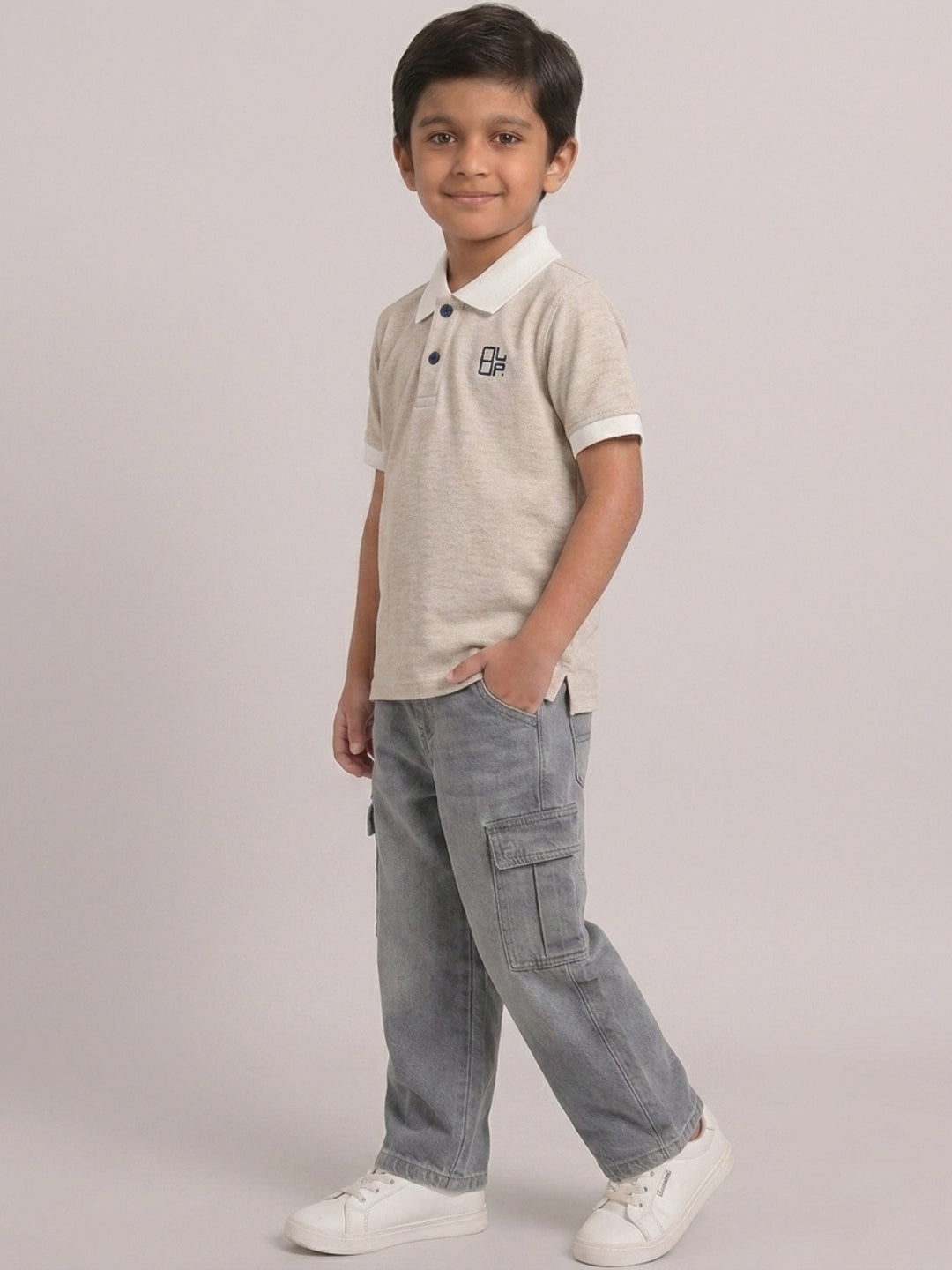 Boys Pure Cotton Peach Color Pique Polo T Shirt with Off White Collar