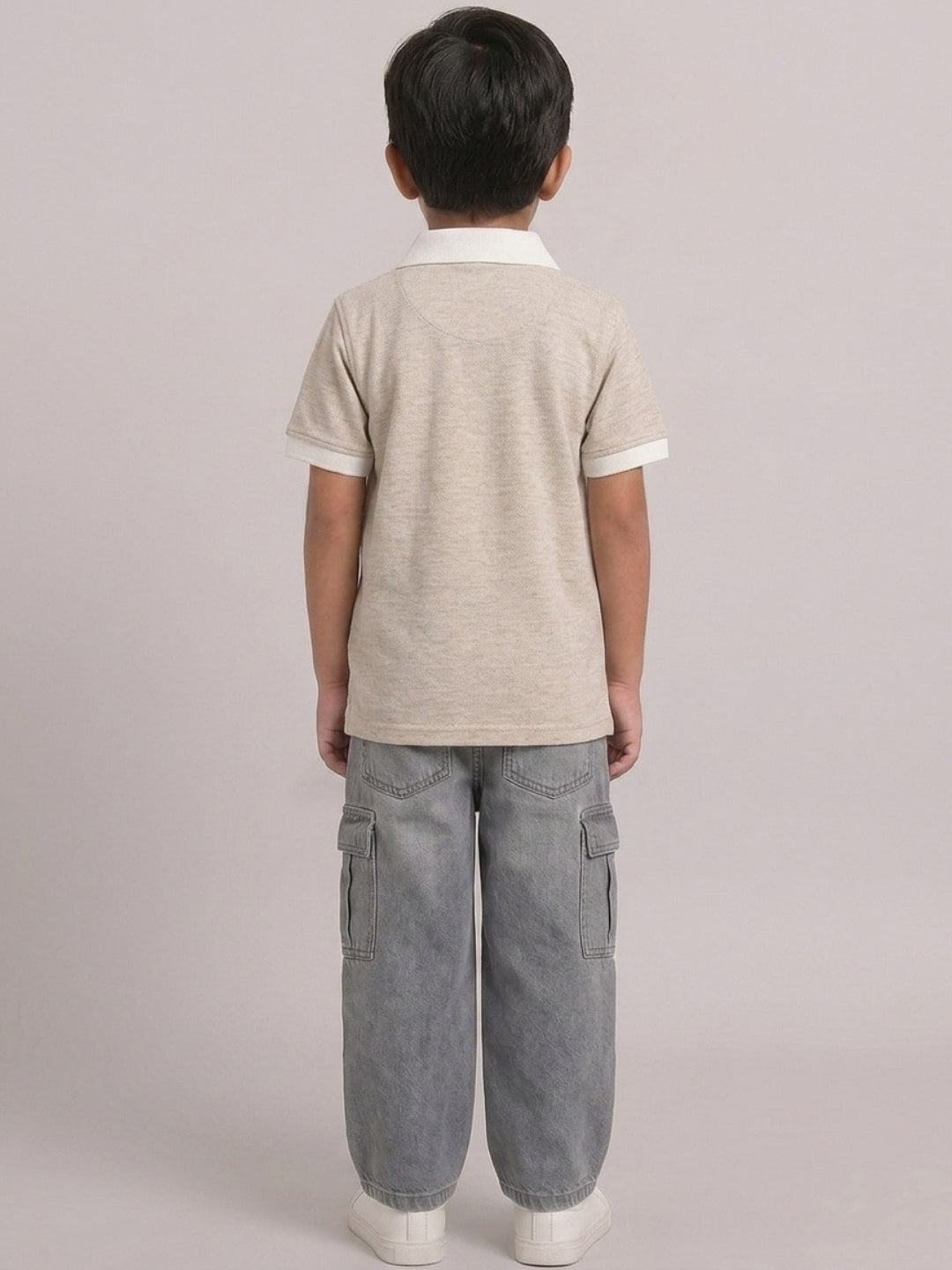 Boys Pure Cotton Peach Color Pique Polo T Shirt with Off White Collar