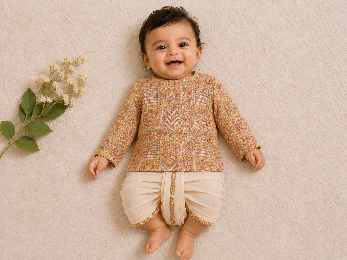 Biglilpeople Boys Beige Ethnic Printed Printed Cotton Angrakha Style Dhoti Set