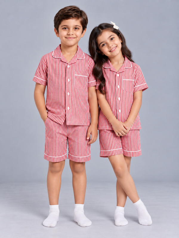 Biglilpeople Kids Micro Red Striped Cotton Short Sleeve Shirt & Shorts Nightsuit