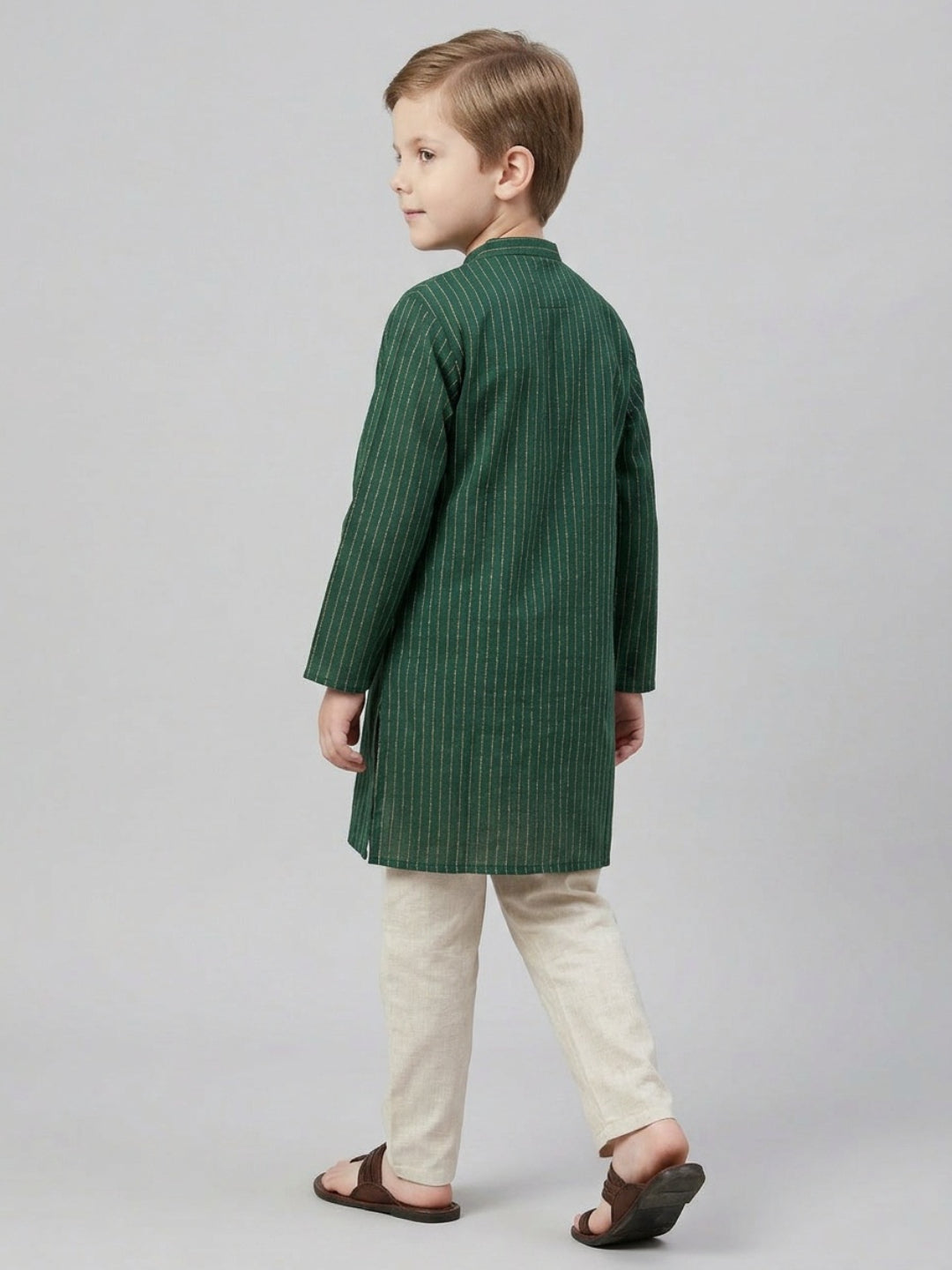 Biglilpeople Boys Teal Green Striped Mandarin Collar Cotton Kurta Set