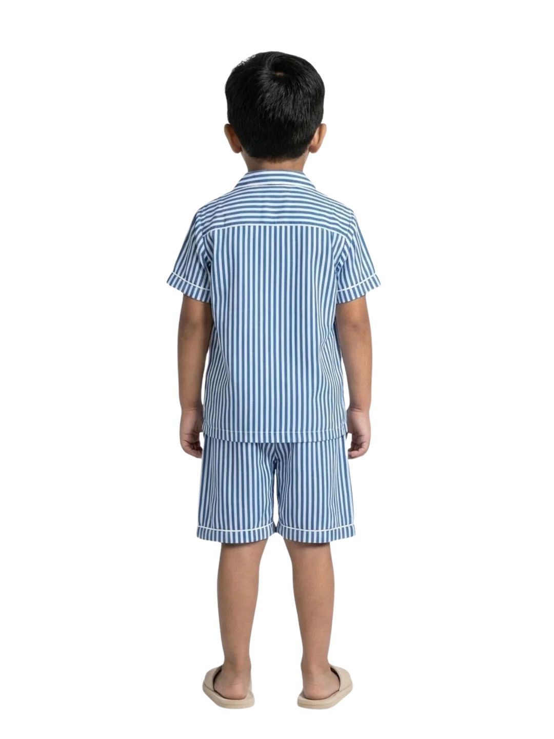 Biglilpeople Kids Unisex Dark Blue Stripe Cotton Short Sleeve Shirt & Shorts Nightsuit